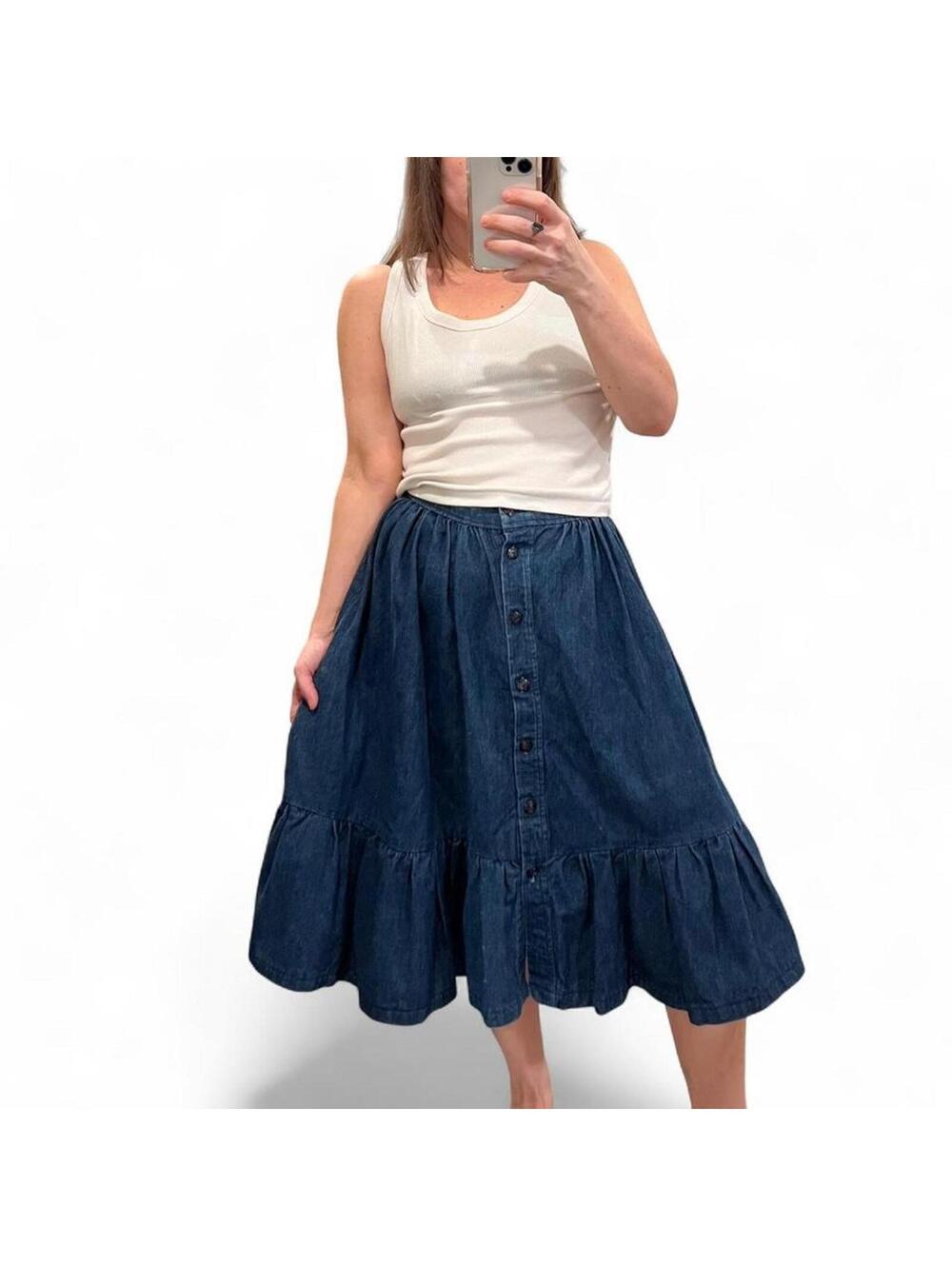 Vintage 90s Denim Prairie Midi Skirt Button Front Cottagecore